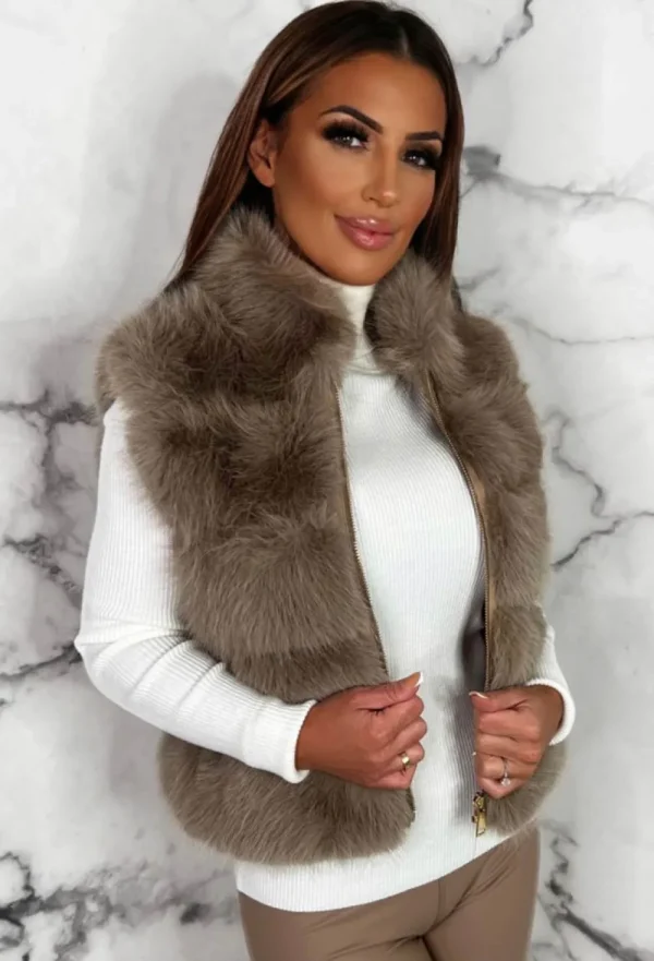 BE YOU Furever Glamorous Taupe Faux Fur Zip Up Gilet<Women Coats And Jackets