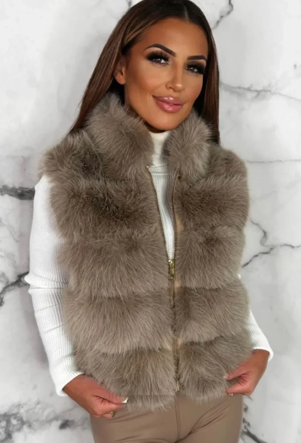 BE YOU Furever Glamorous Taupe Faux Fur Zip Up Gilet<Women Coats And Jackets