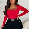 SOFT TOUCH Girl Like Me Red Square Neck Long Sleeve Bodysuit<Women Tops