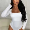 BY SWAN Girl Like Me White Square Neck Long Sleeve Bodysuit<Women Tops