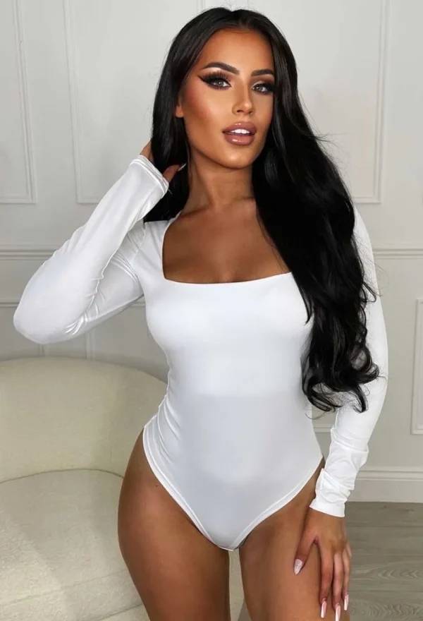 BY SWAN Girl Like Me White Square Neck Long Sleeve Bodysuit<Women Tops