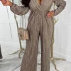 Lucce Give Me Glamour Gold Metallic Plisse Stretch Waist Long Sleeve Jumpsuit<Women Jumpsuits