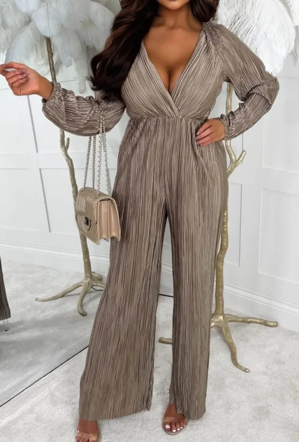 Lucce Give Me Glamour Gold Metallic Plisse Stretch Waist Long Sleeve Jumpsuit<Women Jumpsuits