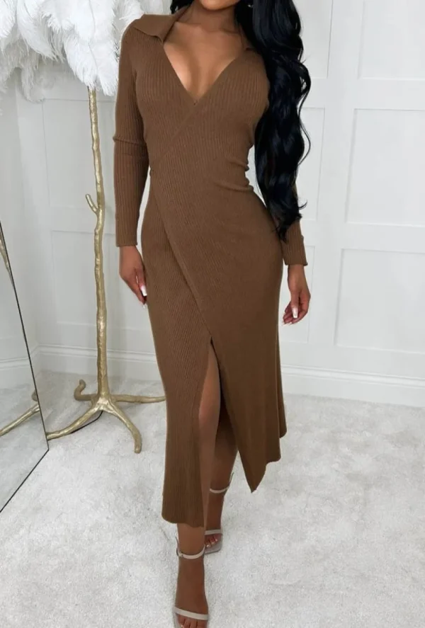 COPPEROSE Glam Comfort Chocolate Brown Ultra Soft Long Sleeve Ribbed Knitted Wrap Midi Dress<Women Dresses