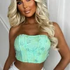 MW STUDIO Glam Diva Mint Green Flower Sequin Crop Top<Women Tops