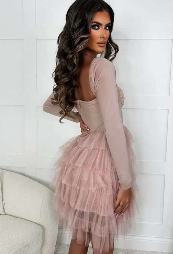 SOKY u0026 SOKA Glam Princess Nude Long Sleeve Padded Cup Tulle Skirt Mini Dress<Women Dresses