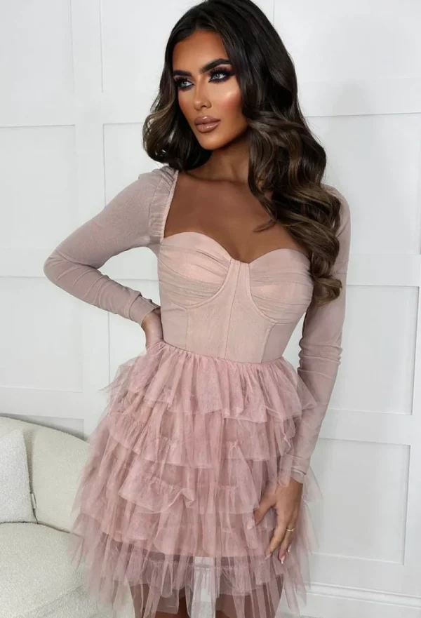 SOKY u0026 SOKA Glam Princess Nude Long Sleeve Padded Cup Tulle Skirt Mini Dress<Women Dresses