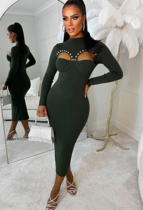 GOLDEN DAYS Glamorous Chic Green Diamante Embellished Cut Out Bust Midi Dress Limited Edition<Women Dresses