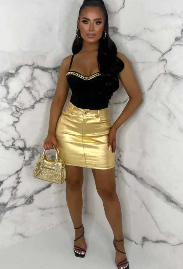 CHERRY KOKO Golden Daze Gold Metallic Stretch Western Mini Skirt Limited Edition<Women Skirts