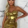 FLAM MODE Golden Gala Gold Metallic Ruched Chain Strap Padded Cup Mini Dress Limited Edition<Women Dresses