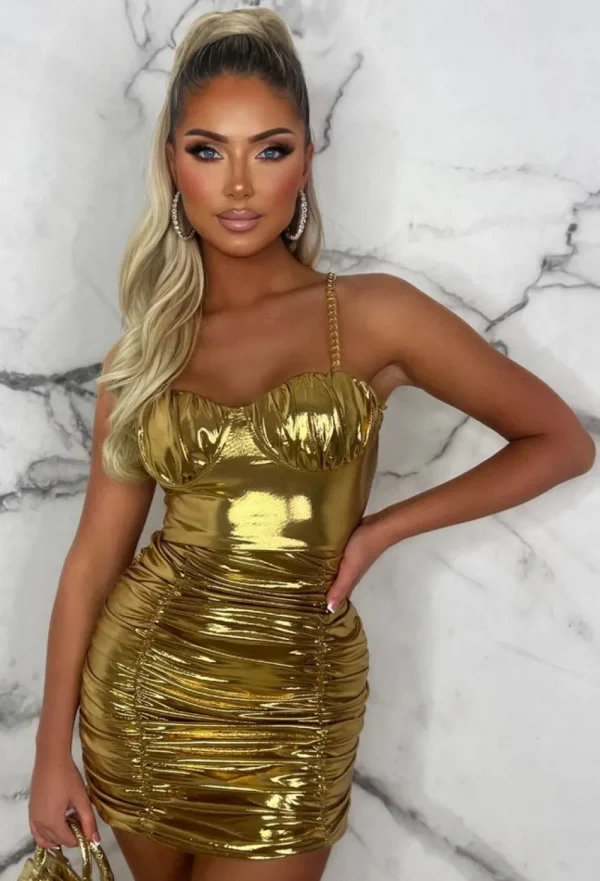 FLAM MODE Golden Gala Gold Metallic Ruched Chain Strap Padded Cup Mini Dress Limited Edition<Women Dresses