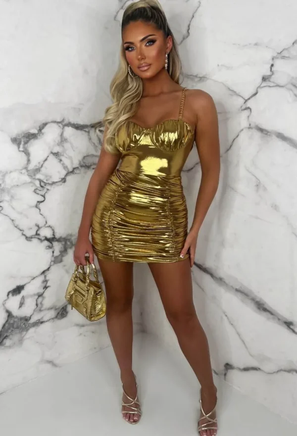 FLAM MODE Golden Gala Gold Metallic Ruched Chain Strap Padded Cup Mini Dress Limited Edition<Women Dresses