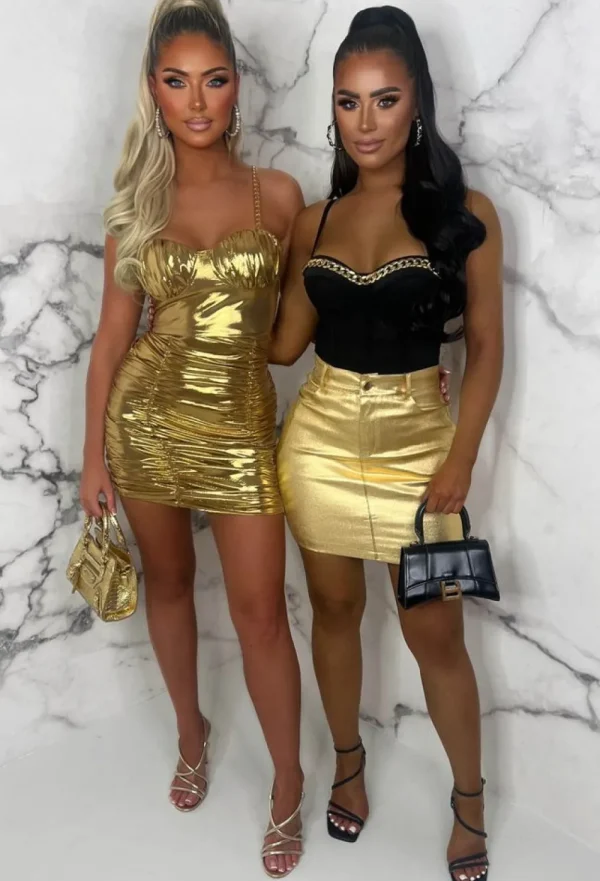 FLAM MODE Golden Gala Gold Metallic Ruched Chain Strap Padded Cup Mini Dress Limited Edition<Women Dresses