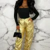 GOLD SK Golden Luxe Metallic Gold Ruched Toggle Cargo Trousers Limited Edition<Women Trousers & Leggings