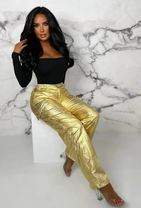 GOLD SK Golden Luxe Metallic Gold Ruched Toggle Cargo Trousers Limited Edition<Women Trousers & Leggings