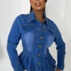 DENIM WISE Gossip Babe Mid Blue Stretch Denim Peplum Button Front Jacket<Women Denim