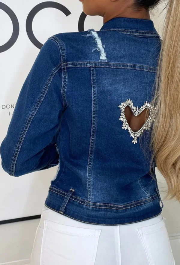 SKREEM Heart Felt Mid Blue Diamante Cut Out Heart Denim Jacket<Women Denim