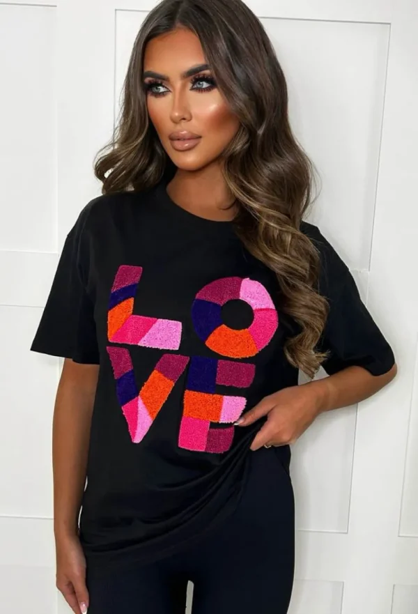 FLAMONT ROSE Heartfelt Love Black Multi Love Embroidered T-Shirt<Women Tops