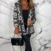 J5 FASHION Iconic Diva Black Monogram Shawl Neck Ruched Sleeve Printed Blazer<Women Coats And Jackets