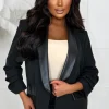 J5 FASHION Iconic Illusion Black Faux Leather Trim Shawl Neck Ruched Sleeve Blazer<Women Coats And Jackets