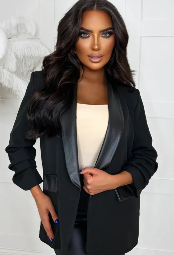 J5 FASHION Iconic Illusion Black Faux Leather Trim Shawl Neck Ruched Sleeve Blazer<Women Coats And Jackets