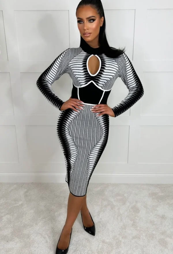 MOOCCI Illusion Of Love Monochrome Long Sleeve Waist Cinch Illusion Knitted Midi Dress<Women Knitwear