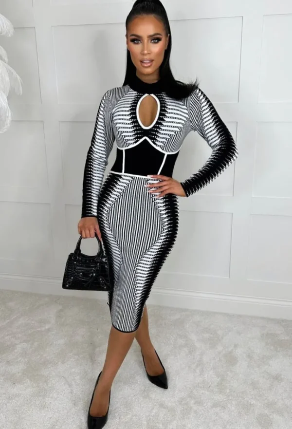 MOOCCI Illusion Of Love Monochrome Long Sleeve Waist Cinch Illusion Knitted Midi Dress<Women Knitwear