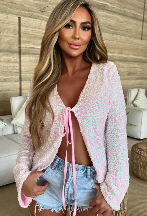 J5 FASHION I'M The Surprise Baby Pink Sequin Tie Knot Top<Women Tops