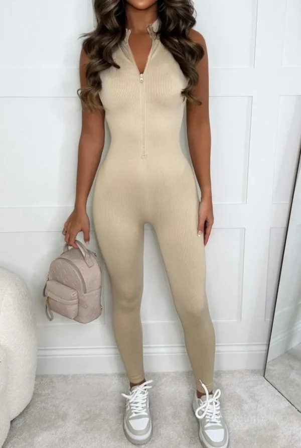 CHERRY KOKO In Her Element Beige Sleeveless Waist Cinching Zip Up Unitard<Women Loungewear