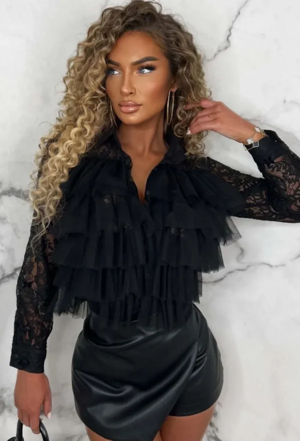 FLAM MODE In My Feelings Black Ruffle Lace Blouse<Women Tops