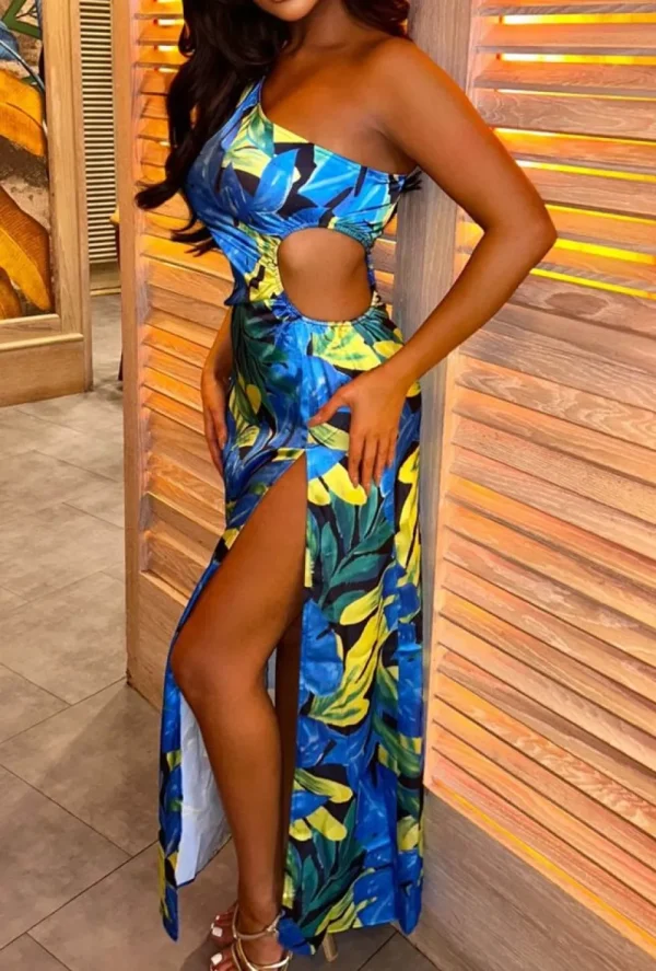 FP u0026 Co Island Lifestyle Blue Tropical Printed One Shoulder Cut Out Detail Satin Dress<Women Dresses