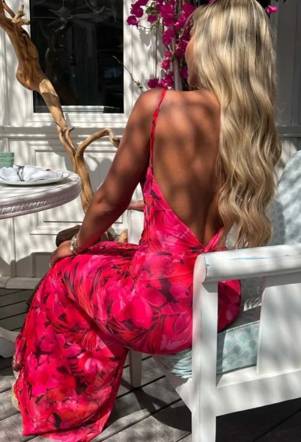 FP u0026 CO Island Sunset Pink Vivid Print Backless Cami Maxi Dress<Women Summer Dresses