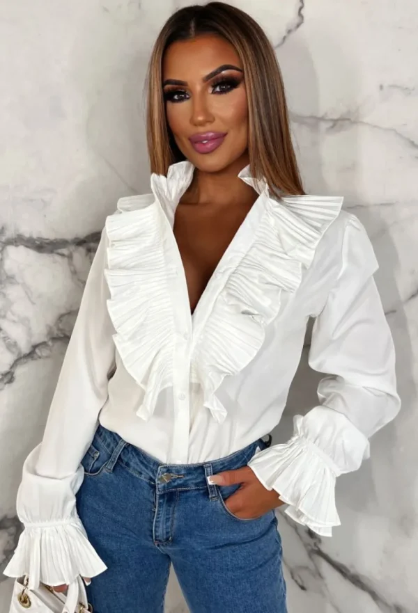 SKREEM It Girl White Button Up Frill Blouse<Women Tops