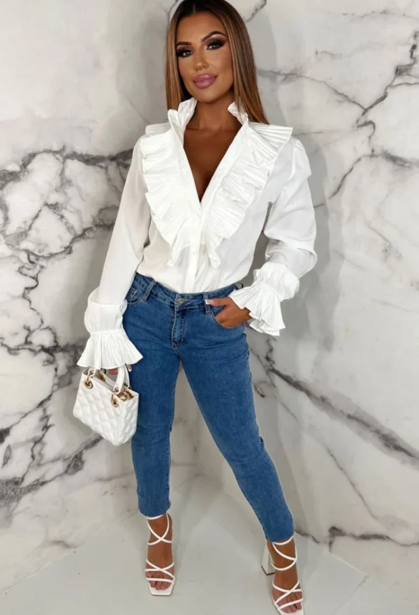 SKREEM It Girl White Button Up Frill Blouse<Women Tops