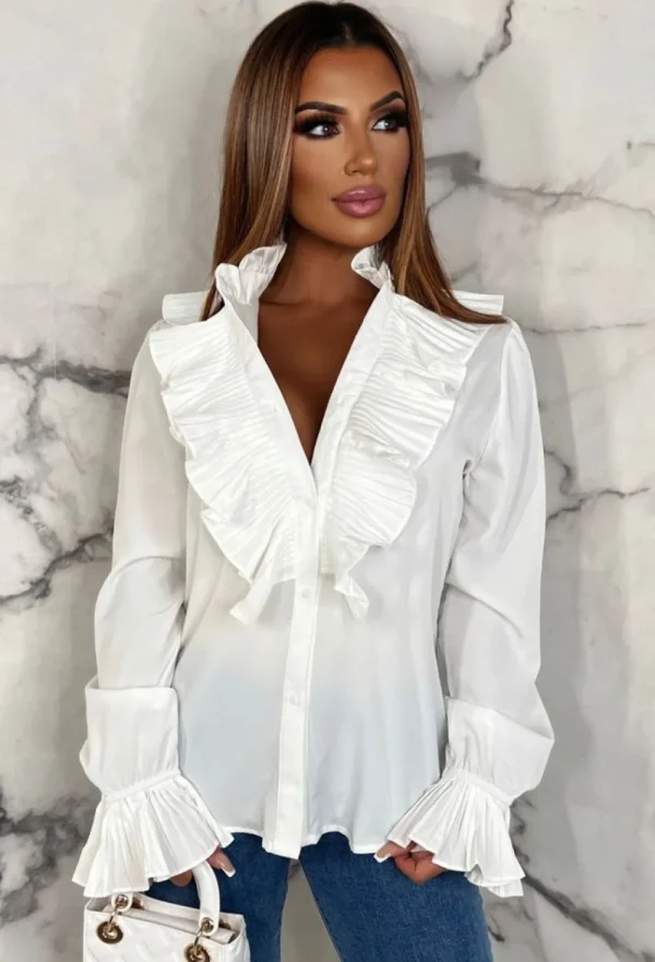 SKREEM It Girl White Button Up Frill Blouse<Women Tops