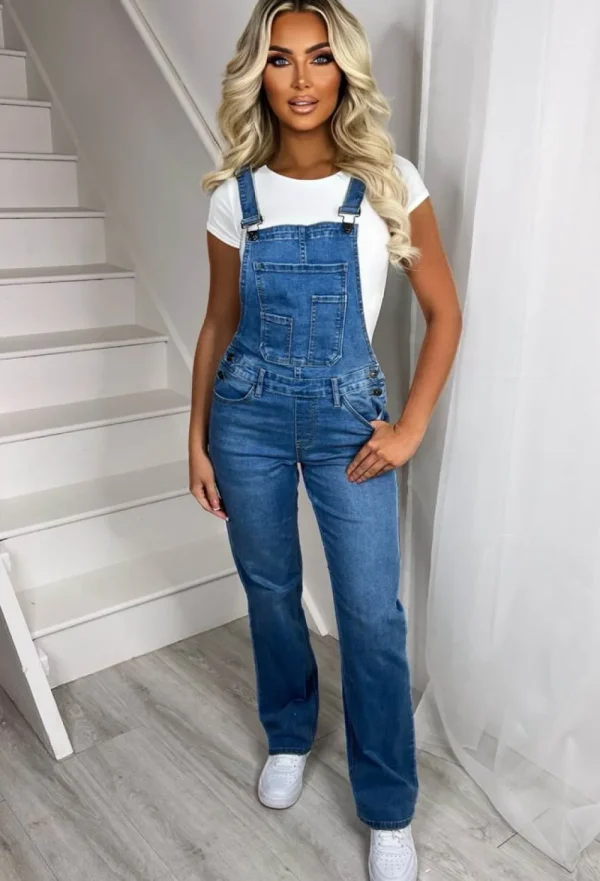 FABS FASHION Jump Onboard Mid Blue Stretch Denim Straight Leg Dungarees<Women Jumpsuits