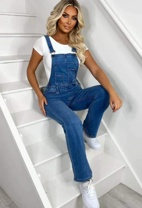 FABS FASHION Jump Onboard Mid Blue Stretch Denim Straight Leg Dungarees<Women Jumpsuits