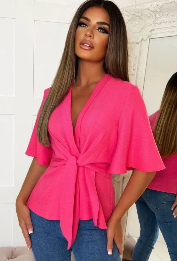 BABEZ Knot Yours Hot Pink Knot Front Short Sleeve Top<Women Tops