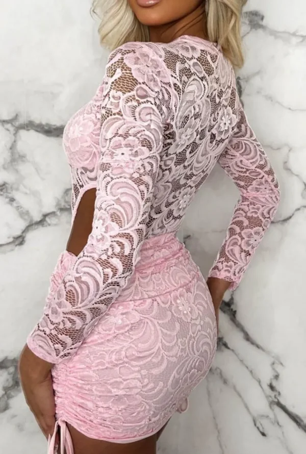 STYLEWISE Laced Doll Pink Bodysuit And Ruched Skirt Stretch Lace Co-Ord Set<Women Co-Ords