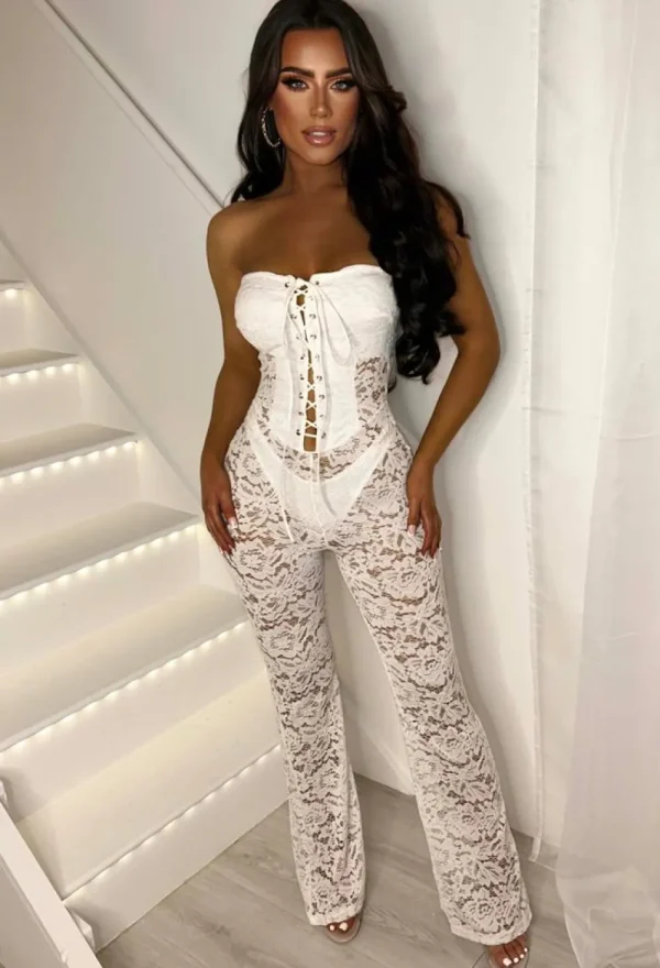 STYLEWISE Laced Luxe White Laced Up Lace Jumpsuit<Women Jumpsuits