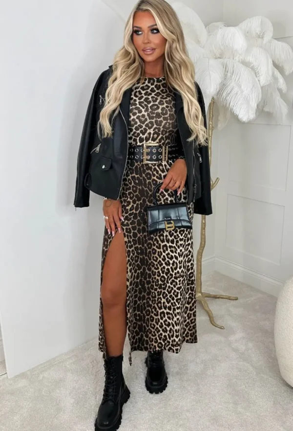 SOY u0026 CO Lady In Leopard Brown Animal Print Long Sleeve Stretch Midi Dress<Women Dresses