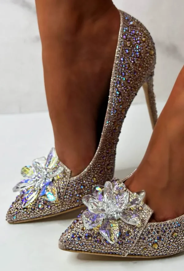 MY STORIES Late For The Ball Rose Gold Crystal Glass Flower Diamond Court Heels Limited Edition<Women High Heels