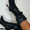 NO DOUBT Leave A Message Black Faux Leather Ruched Boot<Women High Heels