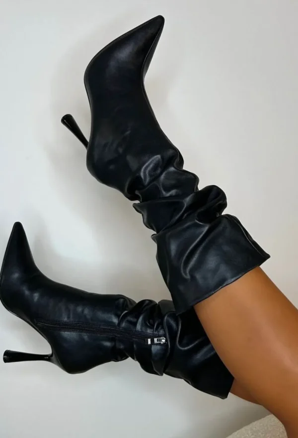 NO DOUBT Leave A Message Black Faux Leather Ruched Boot<Women High Heels