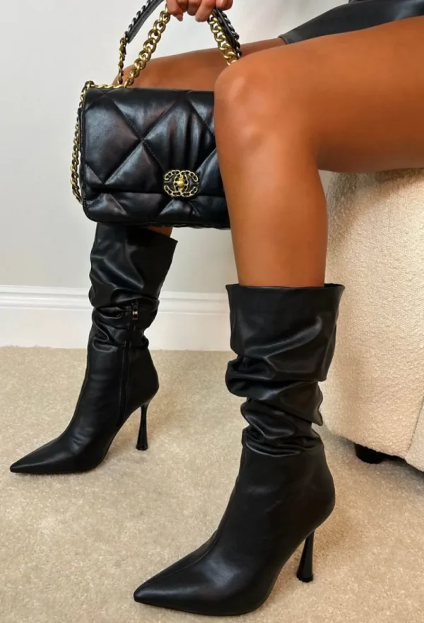 NO DOUBT Leave A Message Black Faux Leather Ruched Boot<Women High Heels