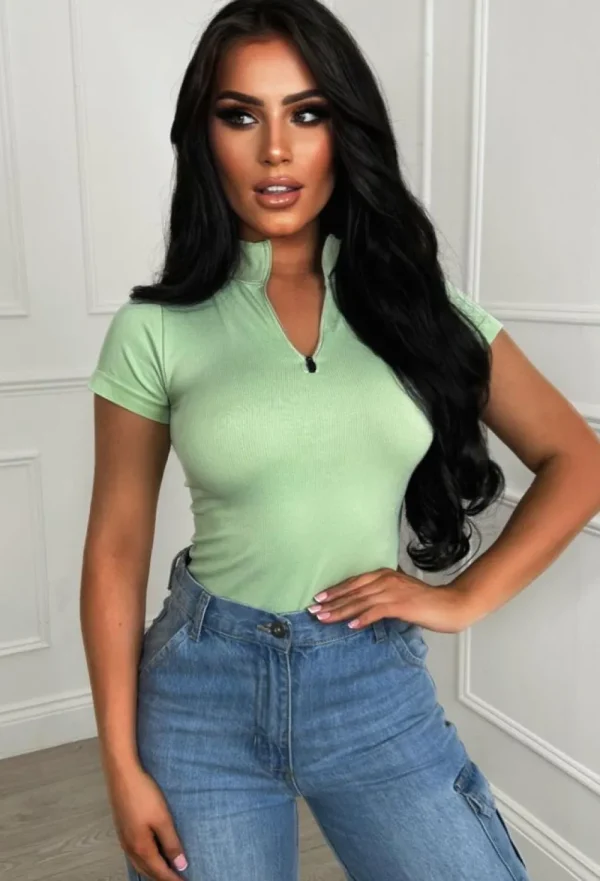 BABEZ Leave It To You Green Ribbed Zip Up Bodysuit<Women Bodysuits