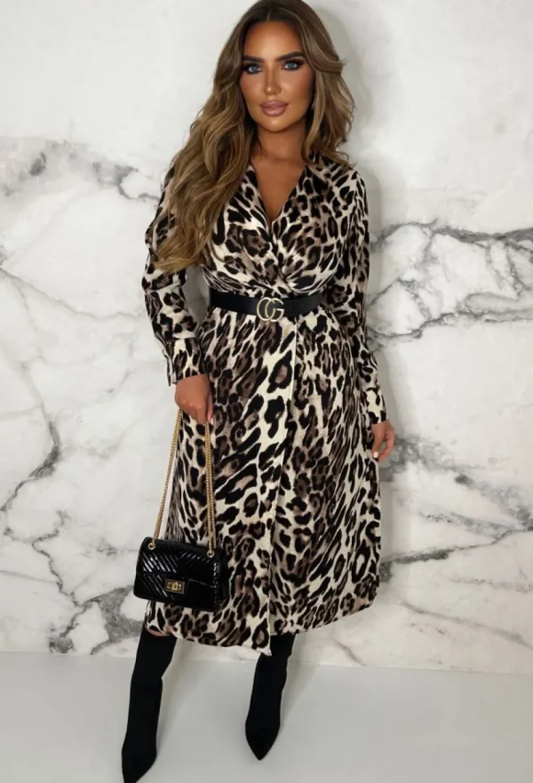 ARLEQUINN Leopard Chic Brown Animal Print Stretch Waist Wrap Top Midi Dress<Women Summer Dresses