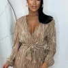 LUCCE Like To Party Champagne Metallic Plisse Belted Stretch-Waist Long Sleeve Playsuit<Women Playsuits