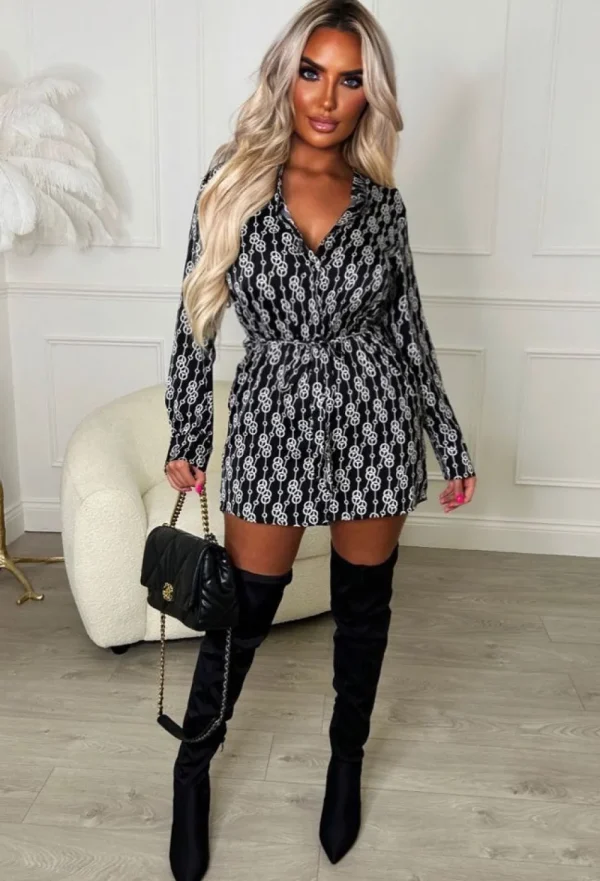 SOPHYLINE Linking Up Black Long Sleeve Belted Chain Print Shirt Dress<Women Dresses