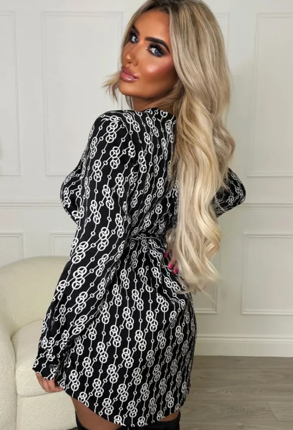 SOPHYLINE Linking Up Black Long Sleeve Belted Chain Print Shirt Dress<Women Dresses